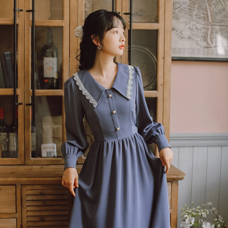

2020 new fashion women's clothing Turn-down Collar Vintage women dress dress