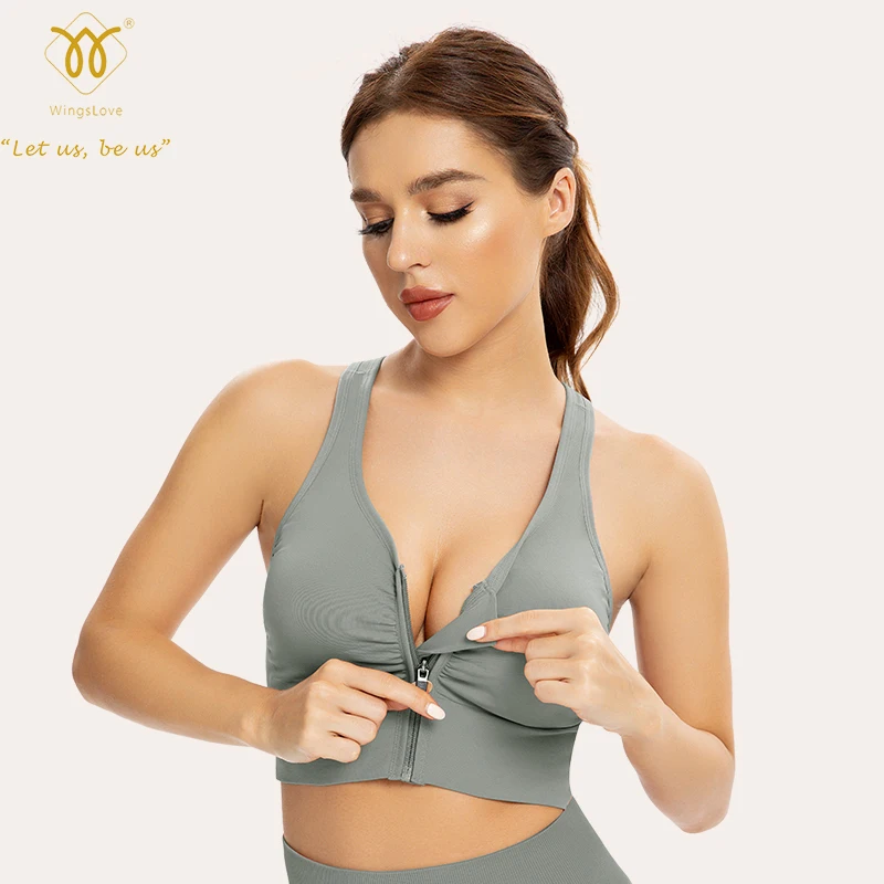 Wingslove Women Sport Bra Ziper Front Fitness Running Vest Soft Cross Back Workout Bra Medium Support Bra