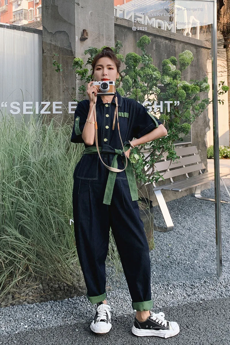 

Spring Autumn Women Short Sleeve Denim Jumpsuit Loose Casual Bandage Streetwear Hip Hop Harem Wide Leg One Piece Jeans Overalls