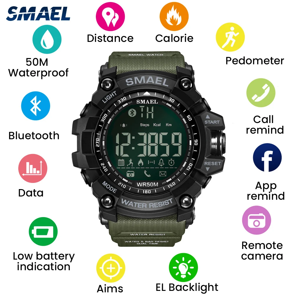 SMAEL Bluetooth светодиодный цифровые часы для мужчин 50 м Водонепроницаемый Открытый плавать дайвер спортивные часы большой циферблат часы армейские наручные часы мужской 1617B
