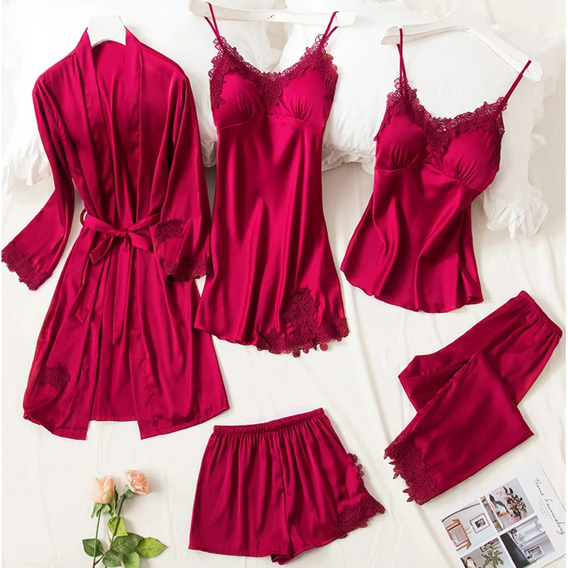 

5PCS Robe Sleep Suit Pajamas Set Sexy Lace Stain Red Pajamas Women Silk Pyjamas Dressing Gown Summer Robe Sleepwear Chest Pads