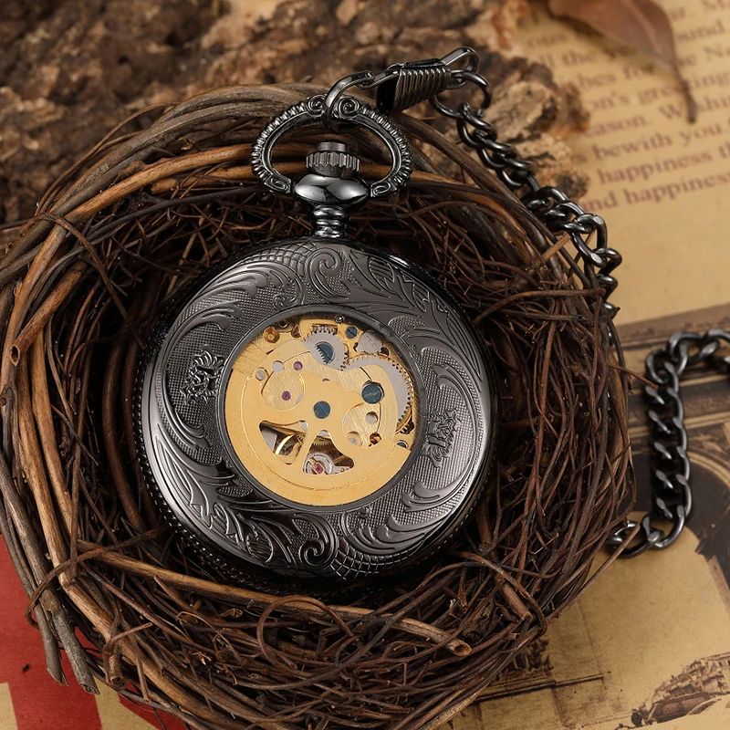 Roman Numeral Antique Mechanical Pocket Watch Skeleton Black Case Gold Gear Dial Male Fob Chain Clock for Men Women Dropshipping