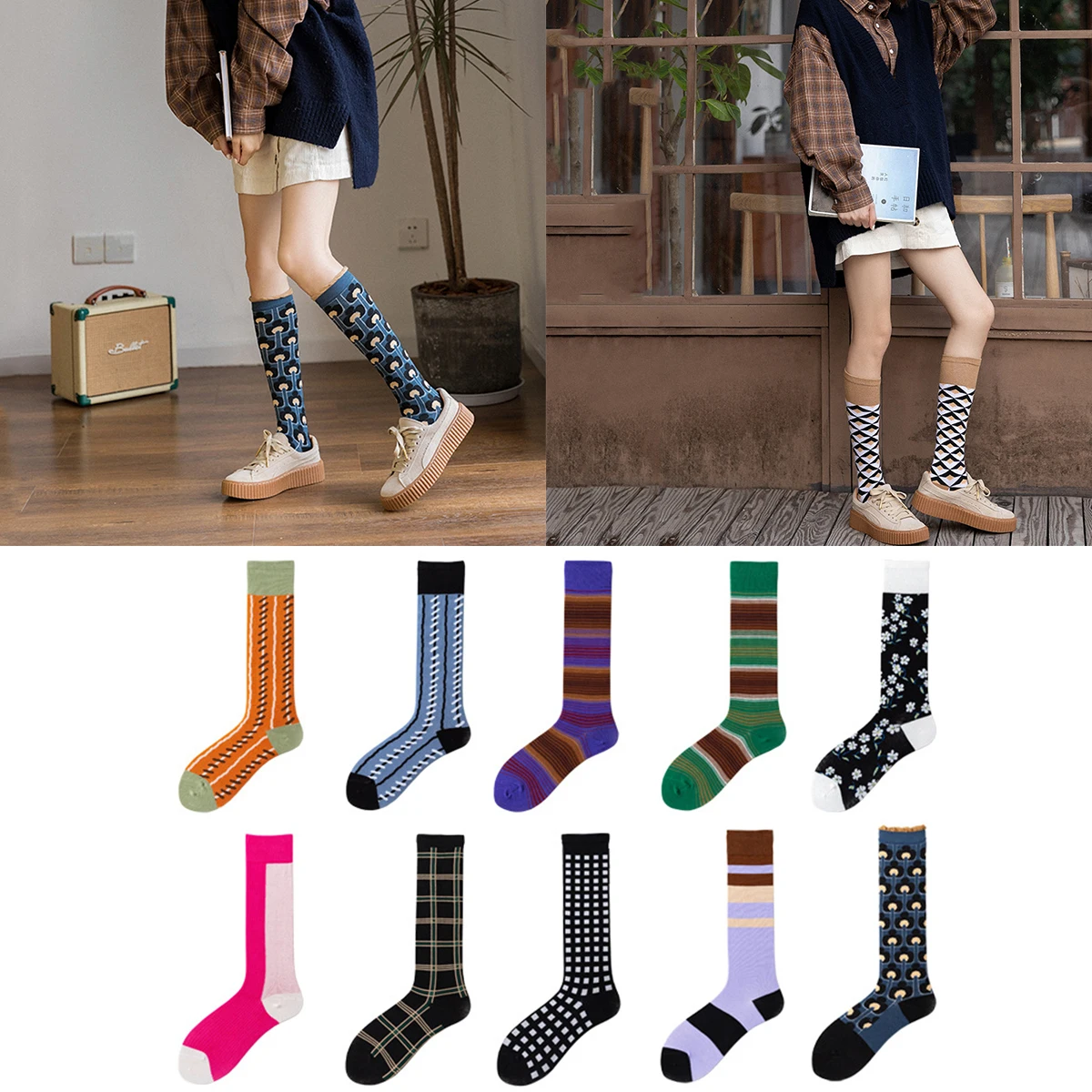 

New Ladies Calf High-tube Stockings Fashion Trend Spring and Summer Pure Cotton Personality College Style Harajuku Candy Color