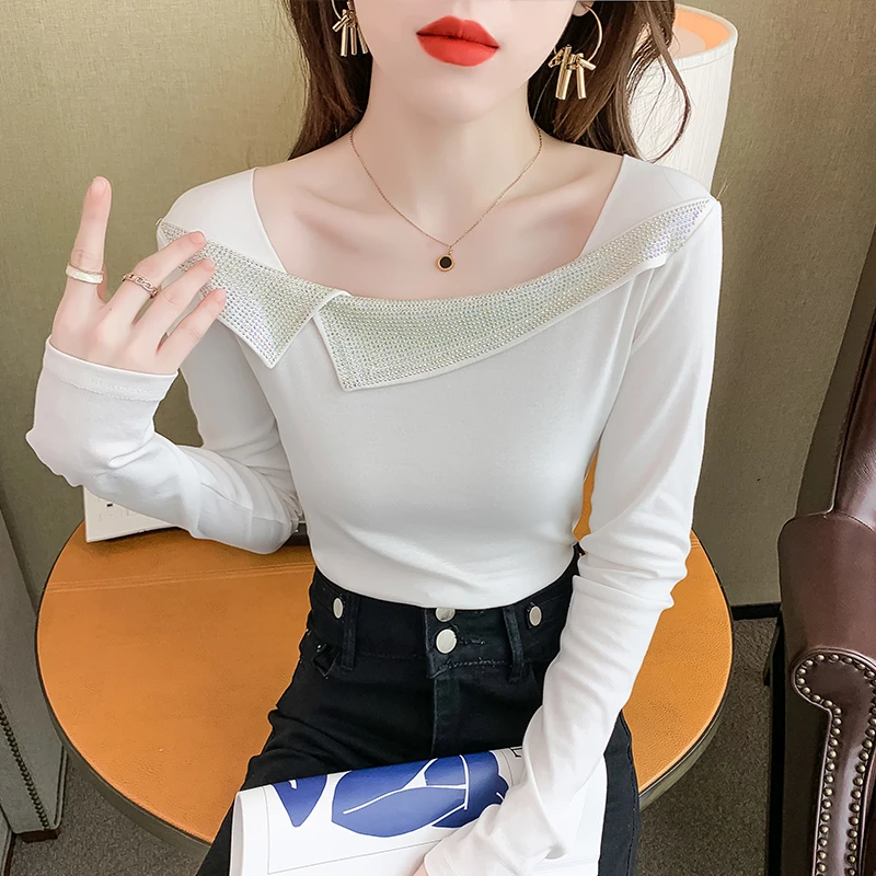 

Fall Winter Shirt Tees Korean Clothes Lady Cotton T-Shirt Sexy Shiny Diamonds Women Tops Long Sleeve Bottoming