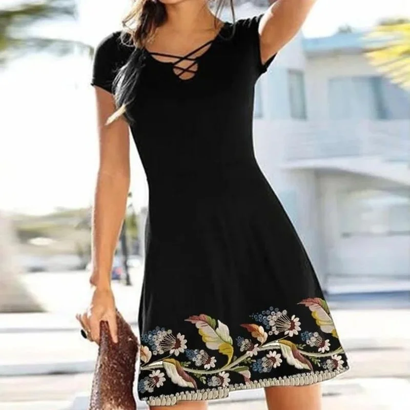 

Летнее женское платье Lugentolo без рукавов с принтом V-образным вырезом сексуальное пляжное платье А-силуэта с коротким рукавом для женщин