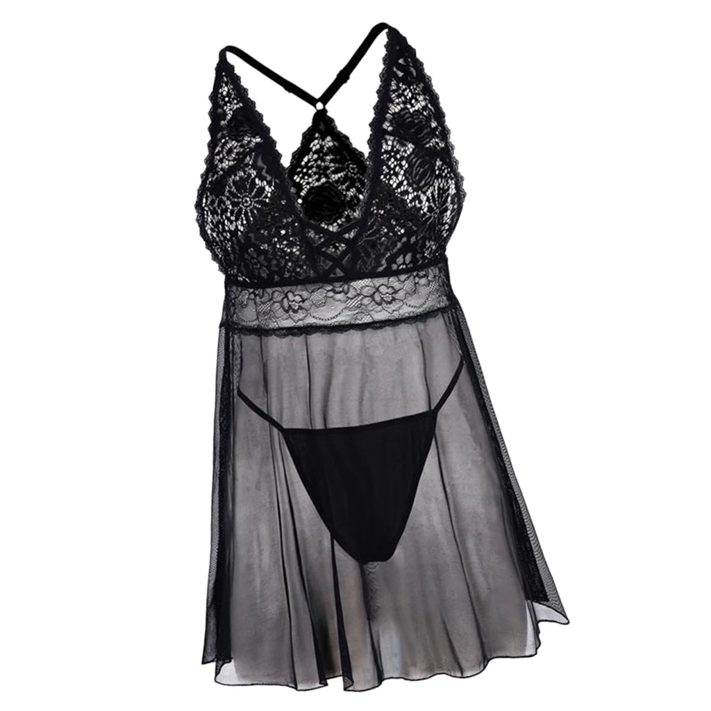 

Women's Black V-Neck Sheer Lace G-String Lingerie Underwear Babydoll Sexy Lace Lingerie Nightwear
