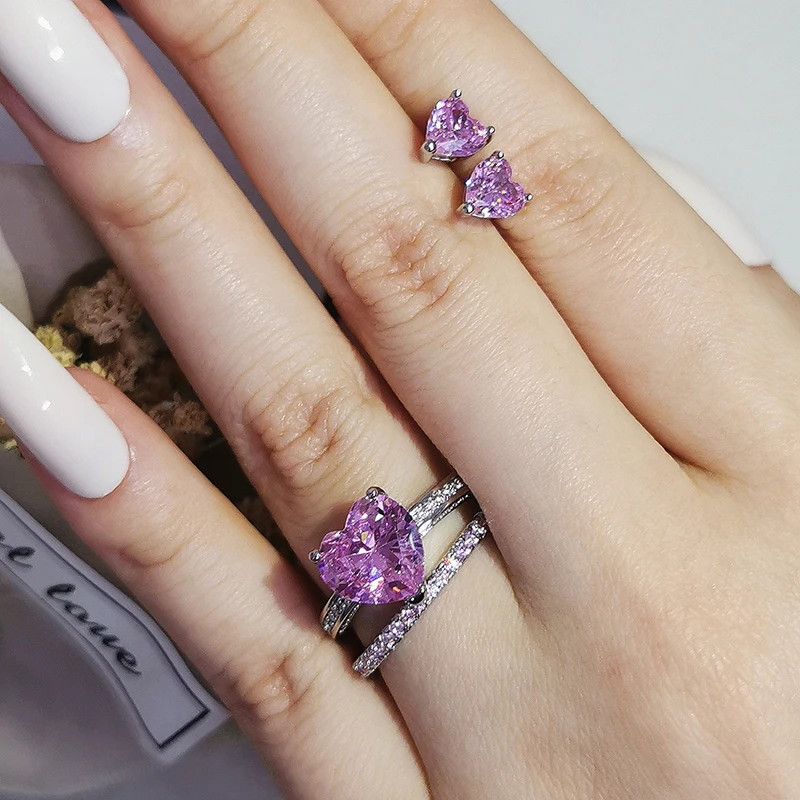 

2pcs Pack silver color bride Jewelry set halo Engagement ring round stud earring for Wedding christmas gift party J7019