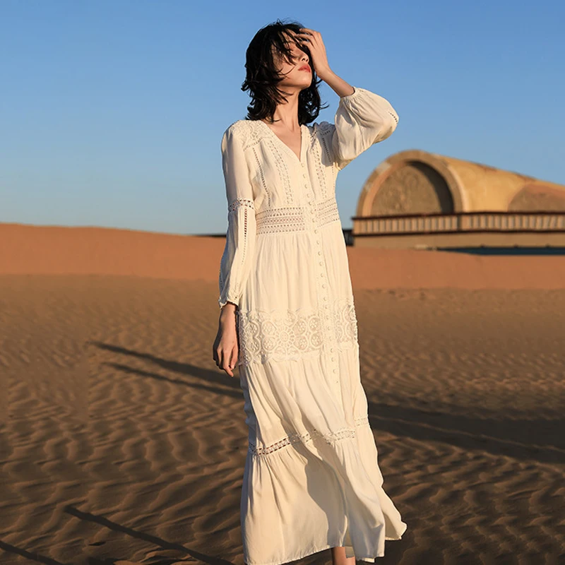 

V Neckline Long Beach Cover Up Kaftan Dress Bohemian White Lace Dress Women Summer Skirt Vestidos De Verano Coverup Swimwear