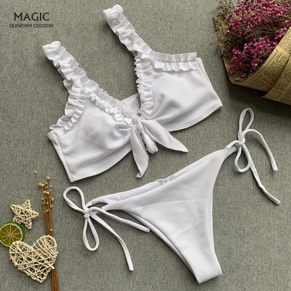 Модный Купальник с рюшами и V образным вырезом Женский комплект бикини