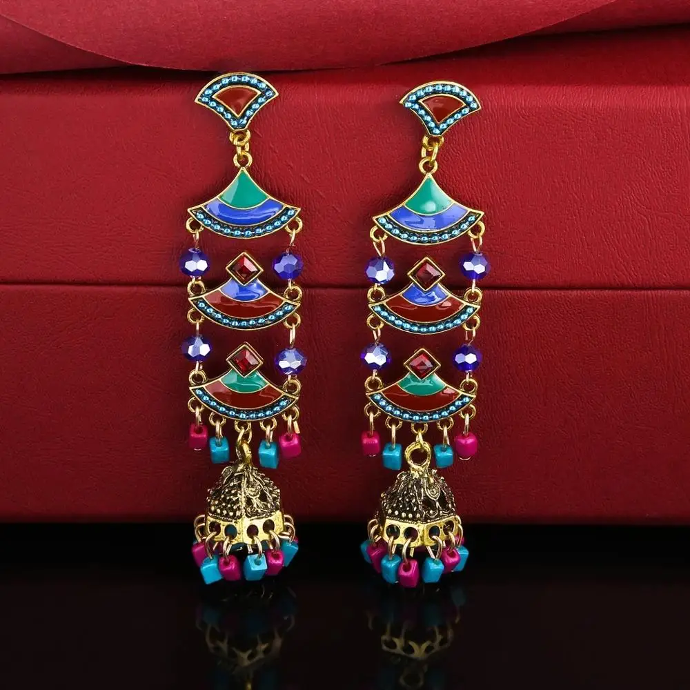 

Indian Jhumka Jewelry Beads Bells Drop Tassel Earrings Women Girls Boho Ethnic Gypsy Earring Tribal Middle East Retro National