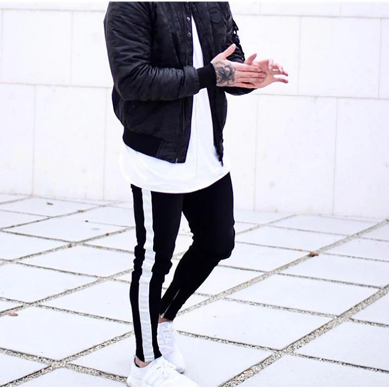 Мужские джинсы в полоску сбоку черные уличные брюки спортивная одежда стиле