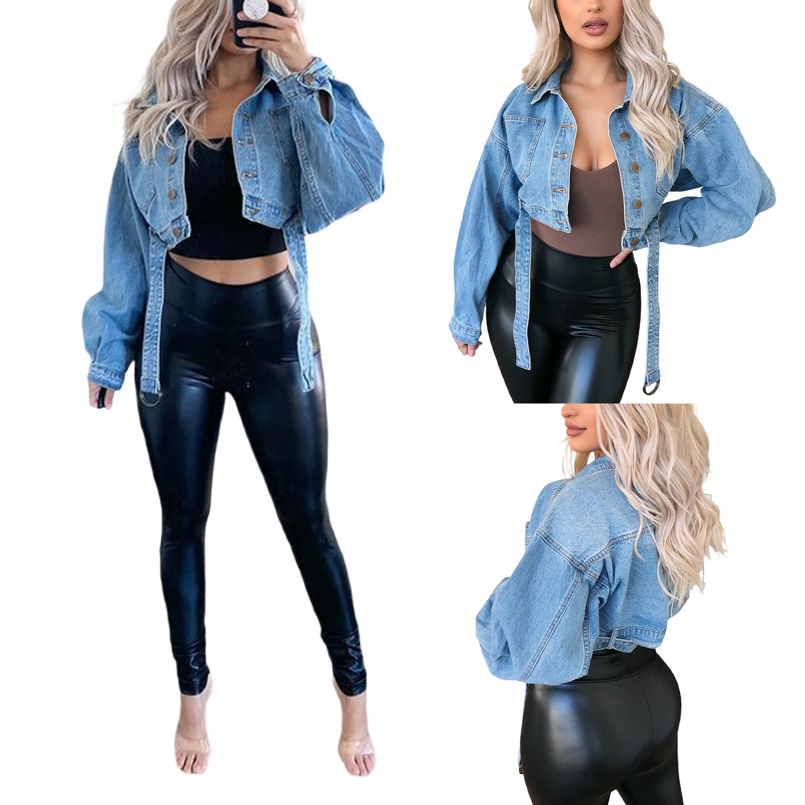 

Breathable Girls Denim Jacket, Ladies Solid Color Long Sleeve Lapel Single-breasted Loose Short Coat Casual Tops with Belt