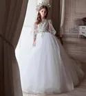 Цветочное платье для девочки на свадьбу с вырезом на спине, рукава Бишоп, Кружевная аппликация, ТРАПЕЦИЕВИДНОЕ ПЛАТЬЕ для девочек на Первое причастие, Пышное Платье