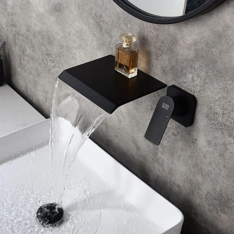 

Black Waterfall Basin Faucet Wall Mounted Modern Design Hot Cold Faucet Water Mixer Tap Sink Grifo Bathroom Accessories HX50BF