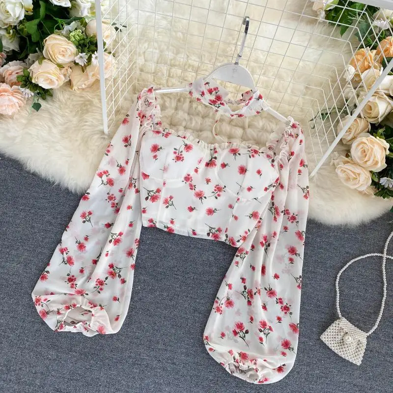 Женская винтажная блузка с длинным рукавом цветочным принтом|Блузки| |