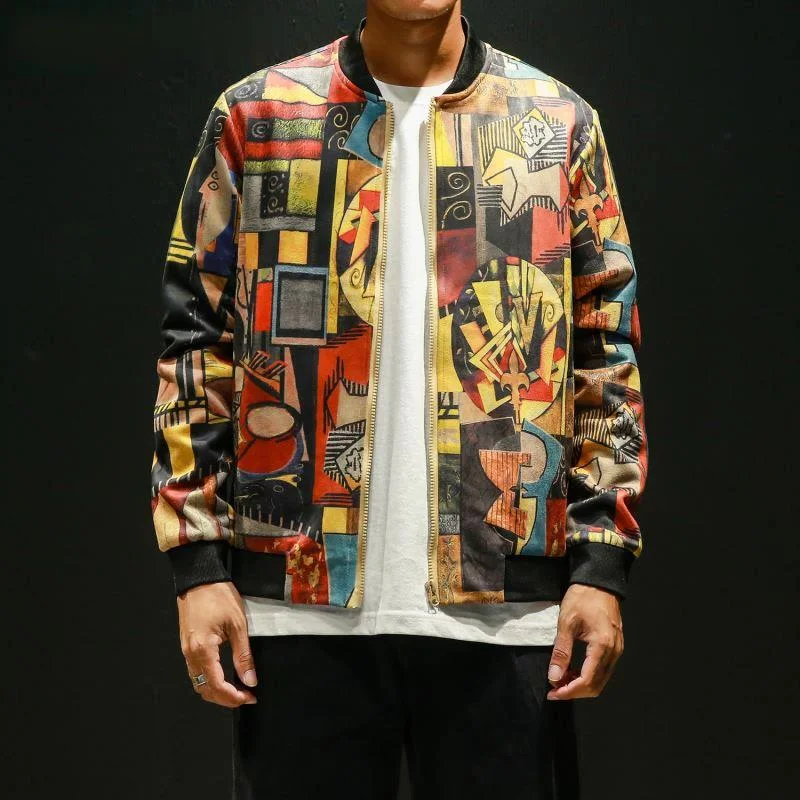 

2021 Spring and Autumn Harajuku Graffiti Personality Hip Hop Jacket 5XL Collarless Full Fashion Men's Fashion Casual Coat
