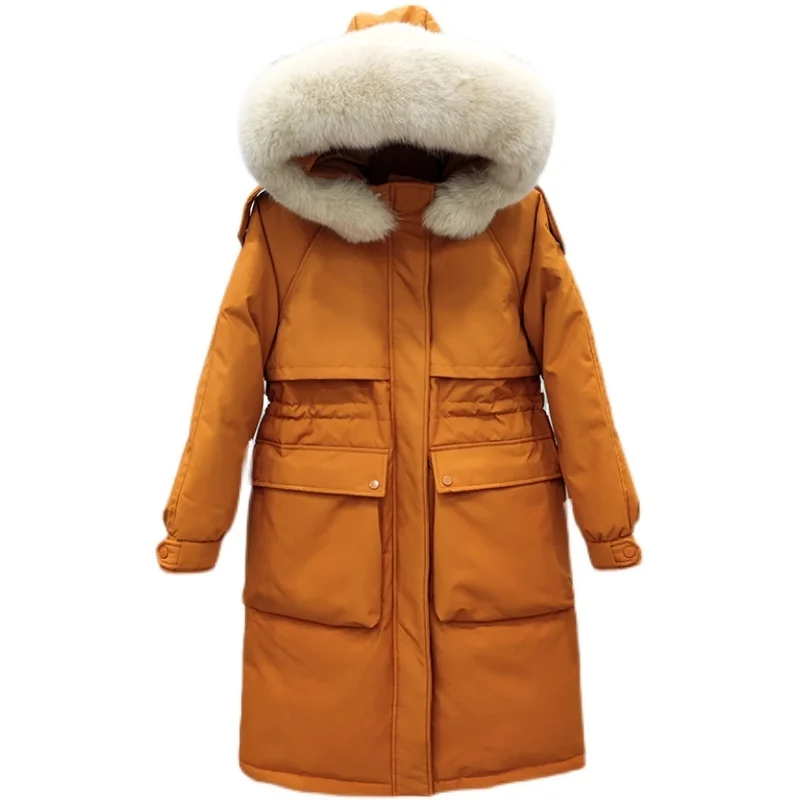 

Женское пальто на белом утином пуху, зимние парки с воротником из 2021 натурального Лисьего меха, теплые куртки с капюшоном, женские черные па...