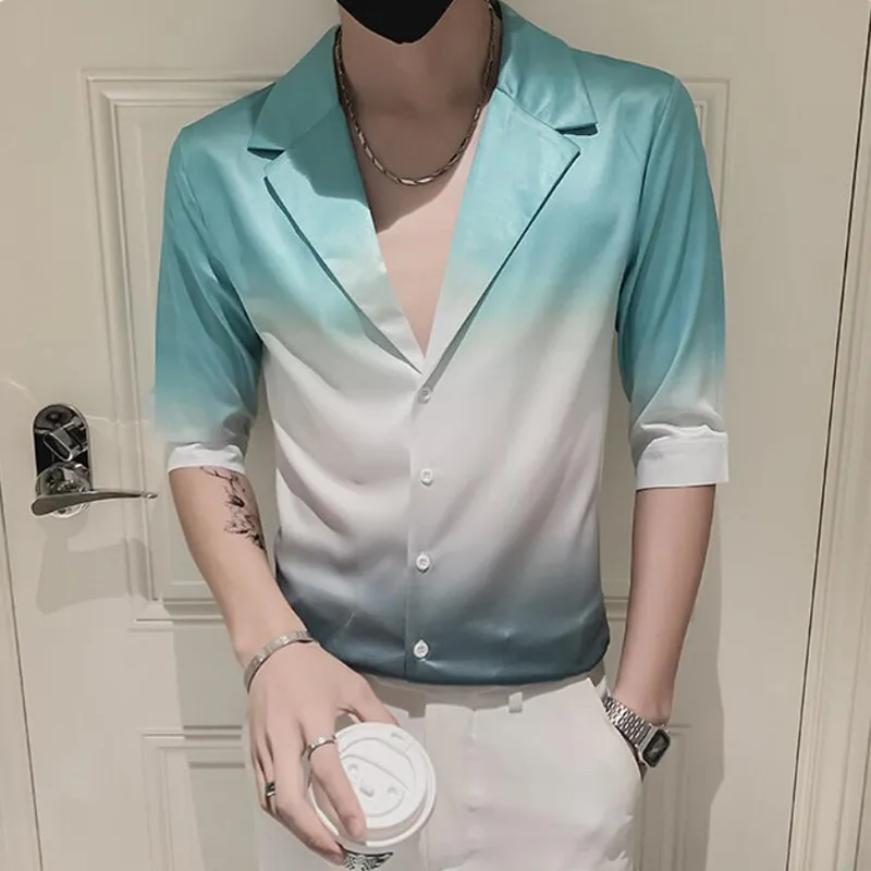 

Formal Social Blouse 2021 Gradient Shirt Men Short Sleeve Streetwear Camisa Masculina Korean Casual Slim Fit Mens Dress Shirts