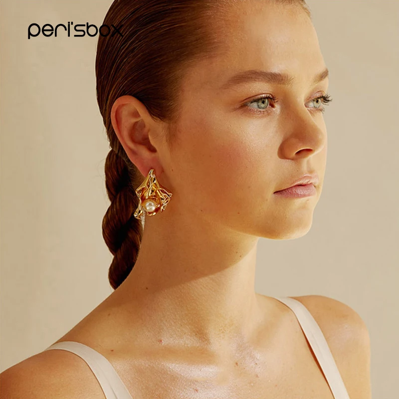 Золотые металлические складные серьги-гвоздики Peri'sBox стильные витые в форме