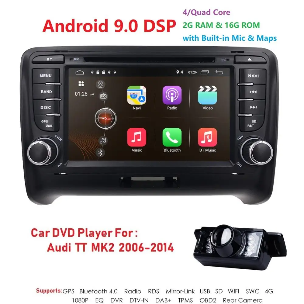 Android 9,0 4-х ядерный Автомобиль Радио Стерео DVD плеер gps навигации для AUDI TT MK2 DAB OBD2 Bluetooth головное устройство+ задняя Камера+ карта