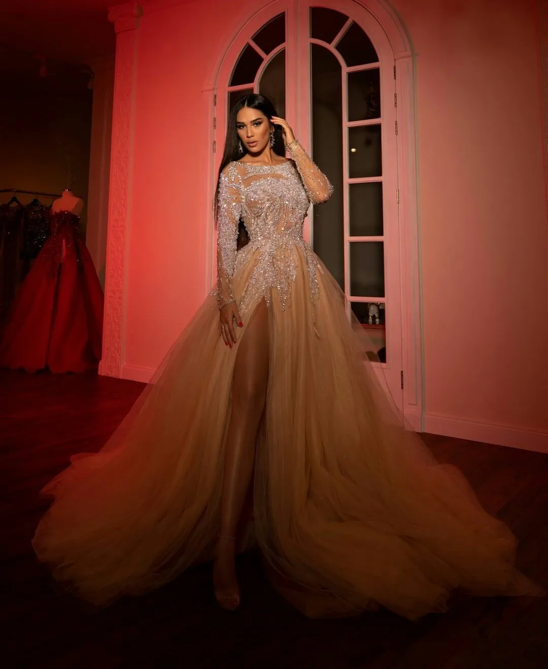 

New Sequined Prom Dresses Thigh High Slit Sexy Backless Eveing Gowns Plus Size Long Sleeve Lace vestido de novia