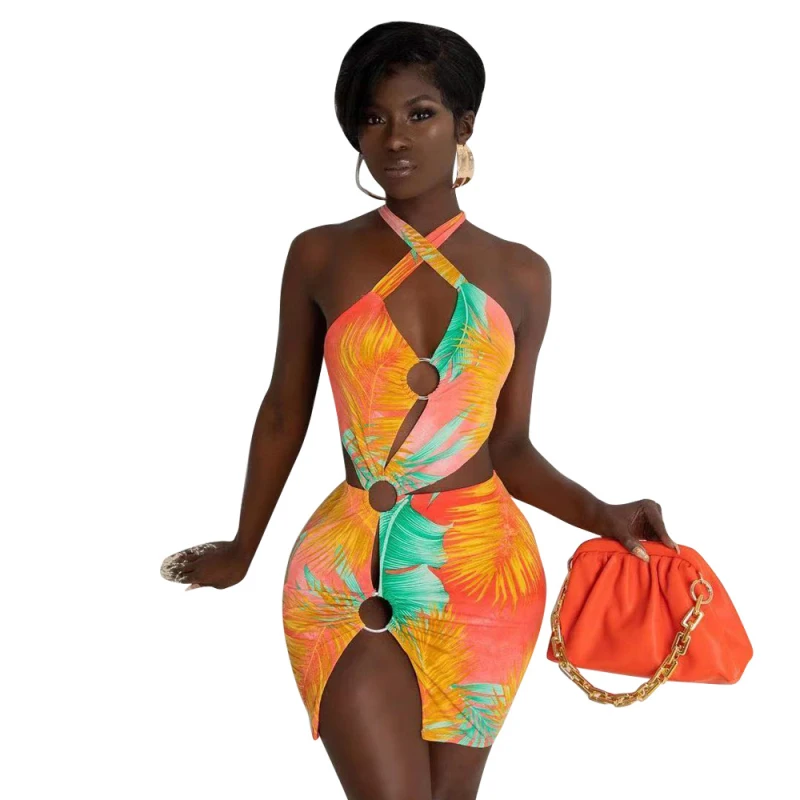 

New Summer Fashion Women's Sexy Selveless Neck-mounted Swimsuit Colorful Printed Dress