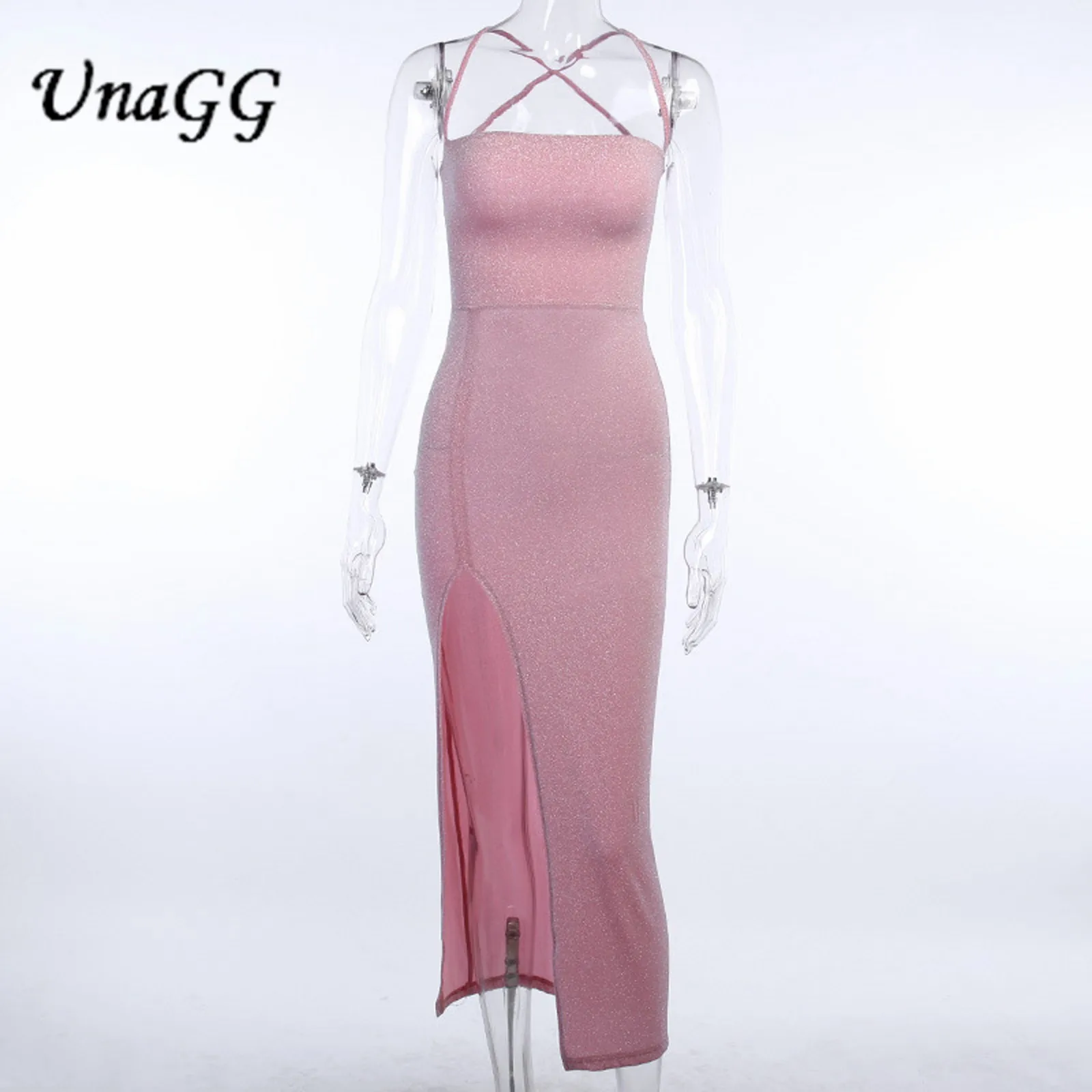 

UnaGG Long Backless Maxi Dress Women Spaghetti Strap High Split Bodycon Bandage Summer Dress Elegant Slim Party Dress Vestidos #