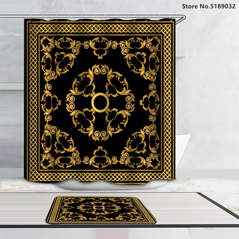 

2 Piece Shower Curtain with Free Hooks Vintage Luxury Bathroom Decor Set Rose and Chain Waterproof Bath Curtain Anti Slip Rugs