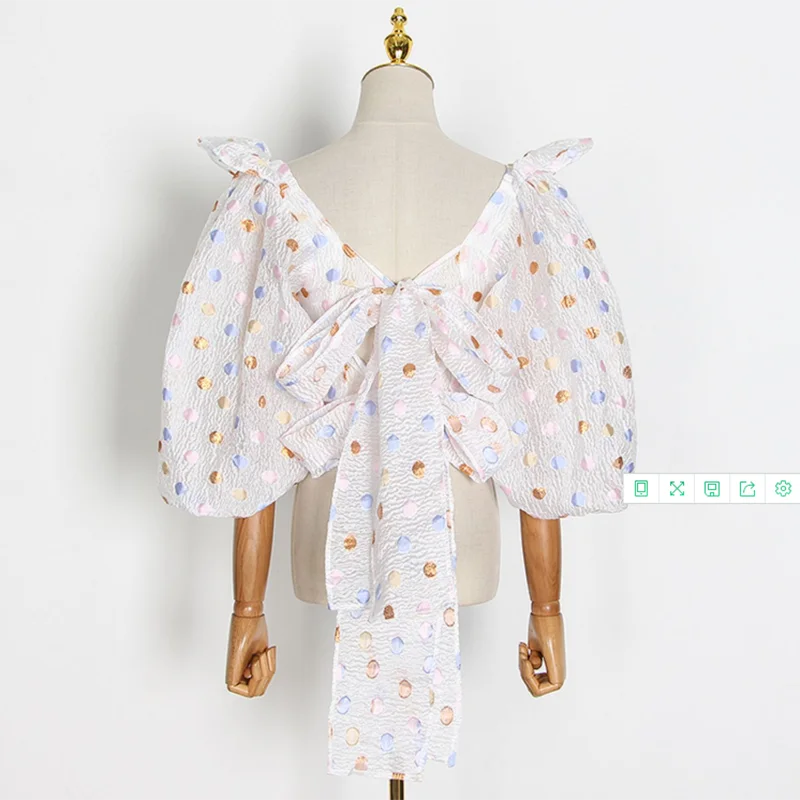 

VGH Patchwork Dot Bowknot Short Tops For Women Slash Neck Off Shoulder Lantern Sleeve Sexy Blouse Female 2020 Summer Fashion New