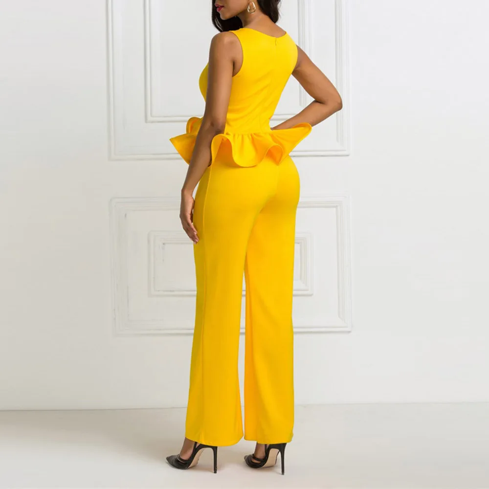 African Fashion Women Jumpsuit Plus Size S-2XL Solid Yellow Ruffles Party Long Jumpsuits Elegant Office Ladies Playsuit Rompers |