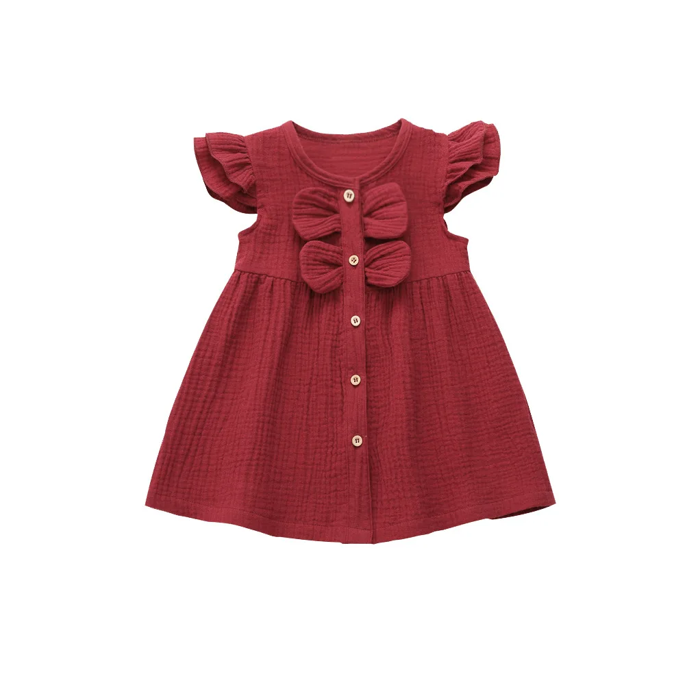 Летнее льняное платье для девочек с оборками круглым вырезом и пышными рукавами