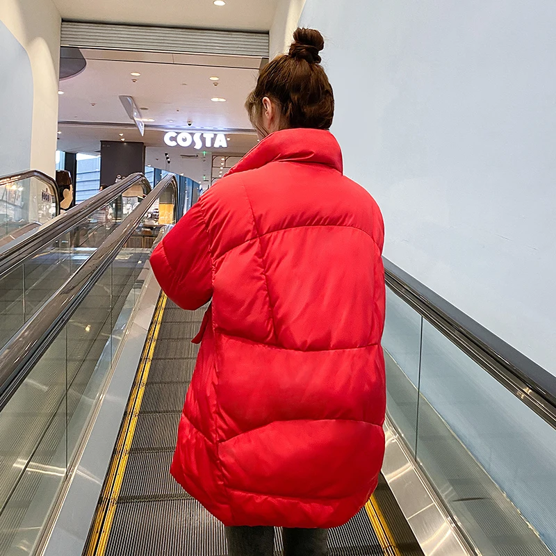 

Solid Long Women's Winter Jacket Stand Collar with Zipper Parka Oversized Outwear Female Cotton Padded Thicken Female Cold Coat