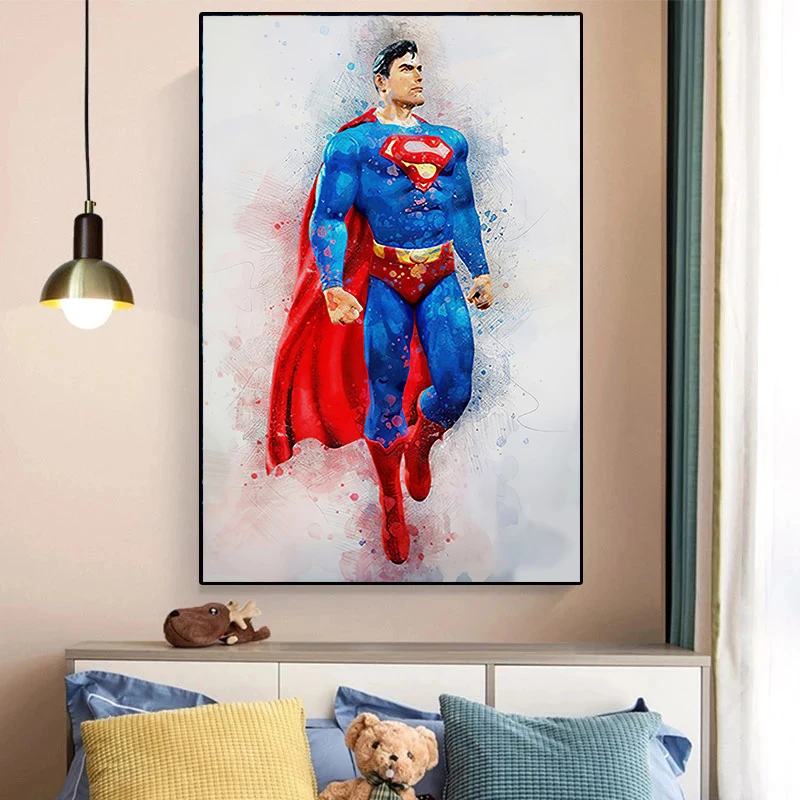 

Watercolor Superhero Canvas Print Painting Movie the Avengers Superman Portrait Painting Children's Room Living Room Home Decor