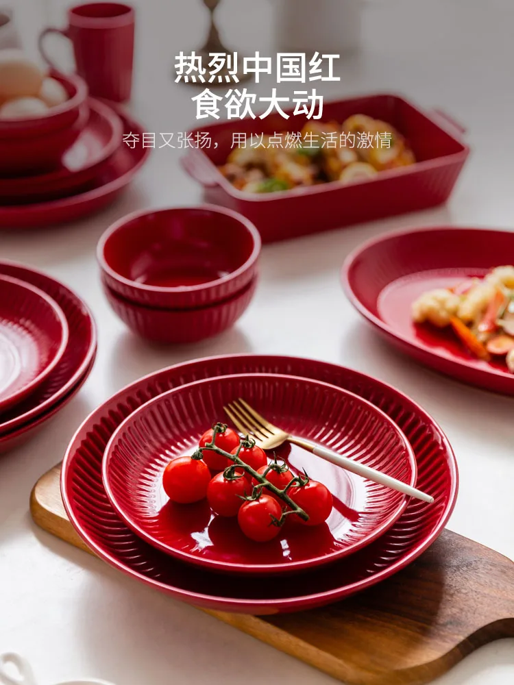 

Red Tableware Set Creative Personalized Rice Bowl Soup Bowl Disc Baking Plate Household Wedding Celebration Bowl Plate