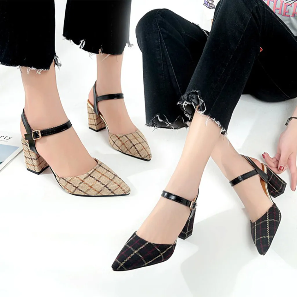 

SAGACE shoes woman autumn fashion Plaid print pointed toe pumpsShoes Lady high heel Shoes Women Wedding party Shoe Zapatos Mujer