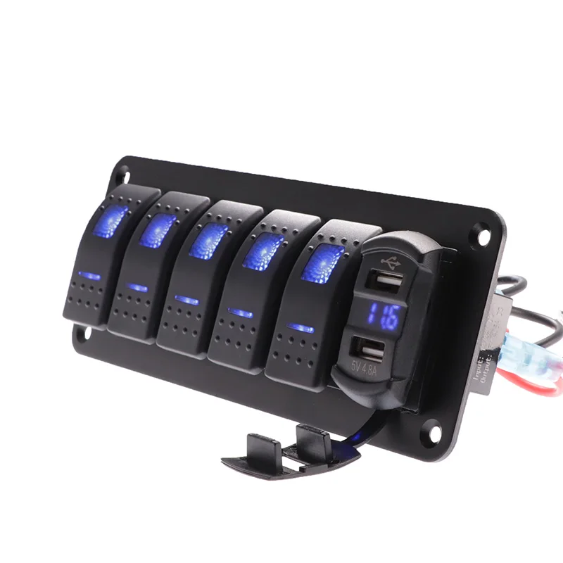 

5Gang 12~24V ON-OFF Toggle Switch Panel with Dual USB 4.8A Socket Charger LED Voltmeter for Car Truck Boat RV Marine