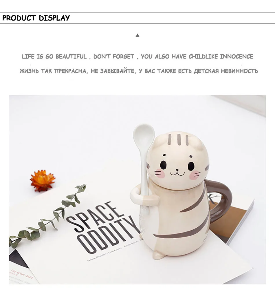Cute Cat Mug With Lid Handmade Printed Coffee Cups And Mugs With Cat Lid Spoon Ceramic Creative Cartoon Cat Coffee Mug Cup