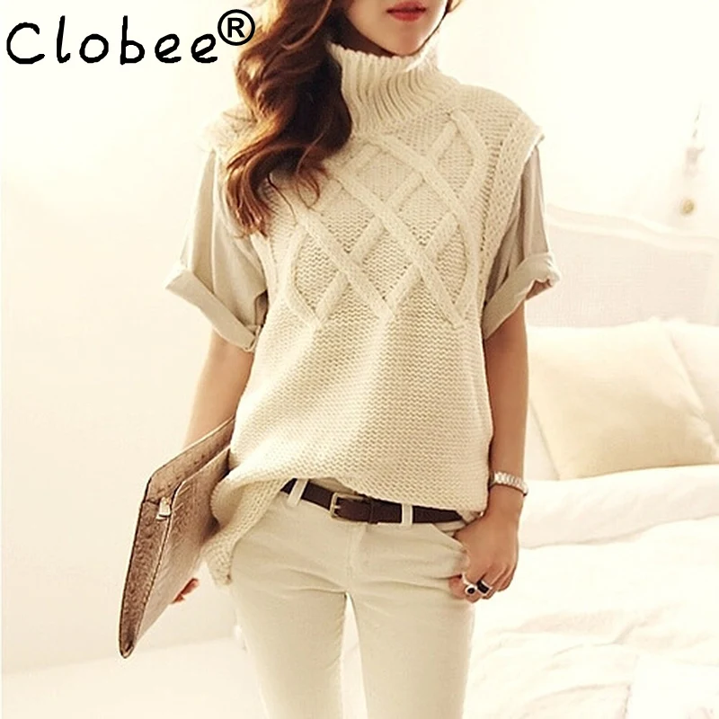 2019 Autumn winter Tricot lady top woman sleeveless sweater turtleneck thick warm long knit sweaters pullover female vest VR21 | Женская