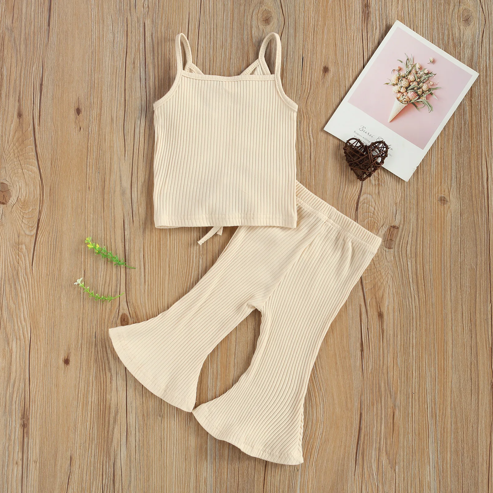 

OPPERIAYA Baby Girls sleeveless Camisole strap Tops solid Flared Pants Drawstring Decoration Simple Style Summer lovely Clothing