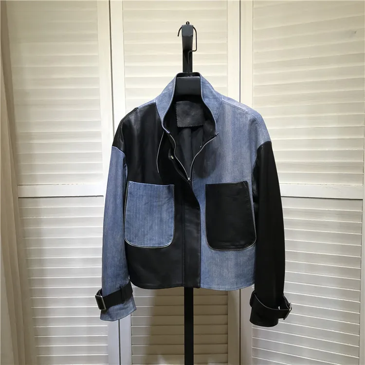 

Europe Style Women Autumn Denim color patchwork leather jackets High quality pockets Genuine leather women coat C504