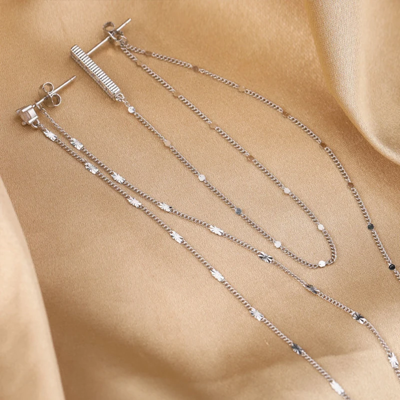

VENTFILLE 925 Sterling Silver Long Chain Tassel Asymmetric Earrings For Women Banquet Statement Earrings Long Earline Earrings