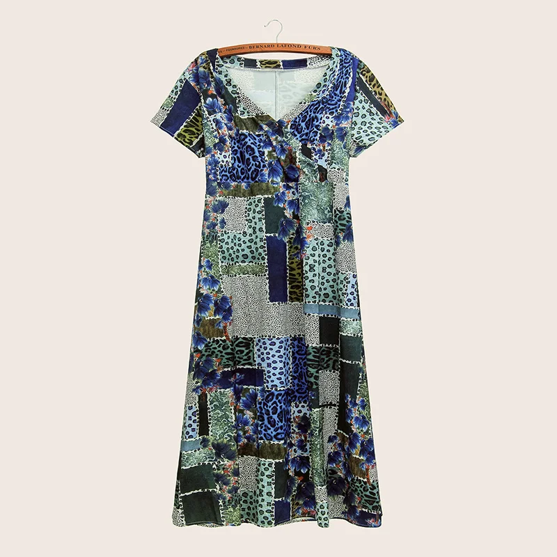 

GXDS 2021 Spring And Summer Plus Blue Print Geometric Pattern Big Skirt Sweet Knit Sleeves Slim Ladies Knit Short-Sleeve Dress