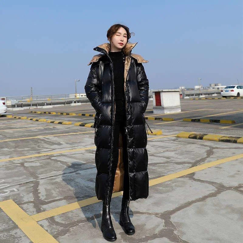 

wash 2020 winter loose new Korean bright black knee down jacket women's thickened super long jacket