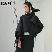 eam loose fit black irregular bow ruffles short jacket new lapel long sleeve women coat fashion autumn winter 2022 1dd2168