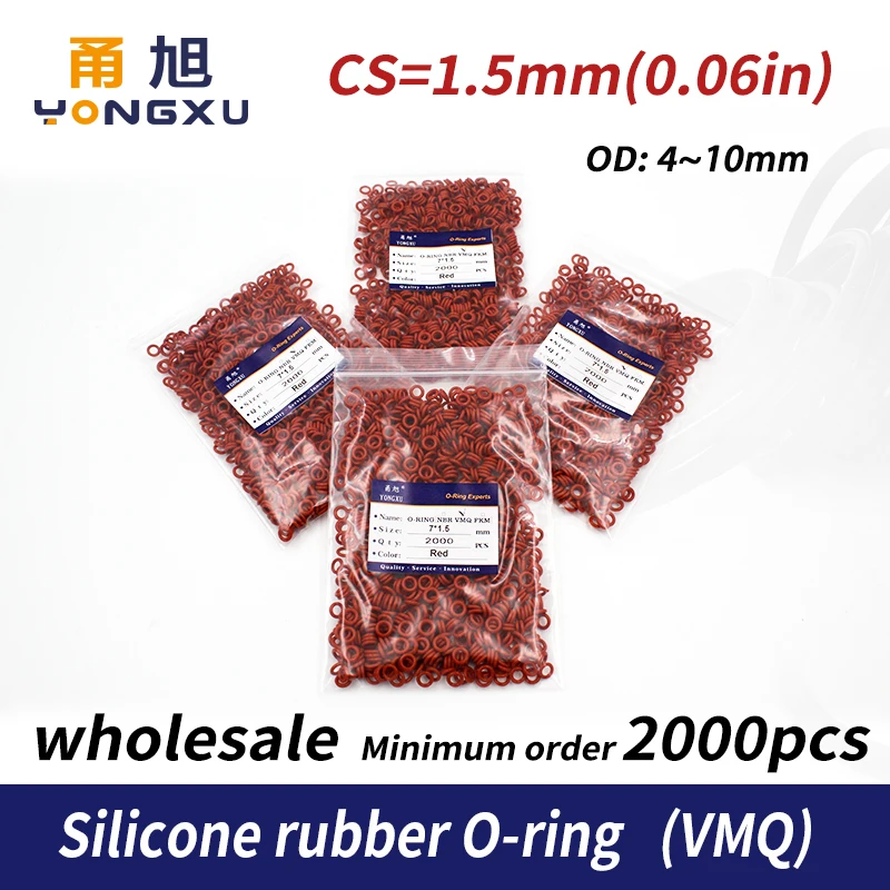 

2000PCS/lot wholesale Red Silicon O-ring Food grade Silicone/VMQ 1.5mm Thickness OD4/5/6/7/8/9/10mm O Ring Seal Rubber Gasket