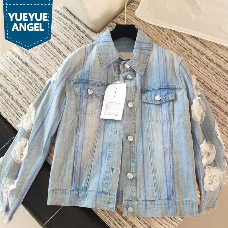 

Runway Designer Women Real Silk Flowers Hole Ripped Denim Jacket Striped Tassels Fashion Jeans Outwear Coat Casual Ladies Jacket