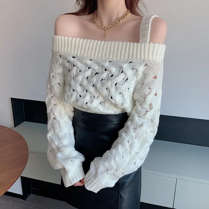 

Женский трикотажный свитер, повседневный однотонный пуловер с длинным рукавом и винтажным узором, Осень-зима 2021