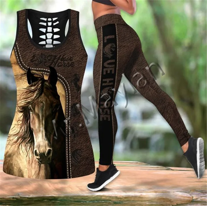 Женский ажурный топ и леггинсы с 3D рисунком лошади модный коричневый хипстерский