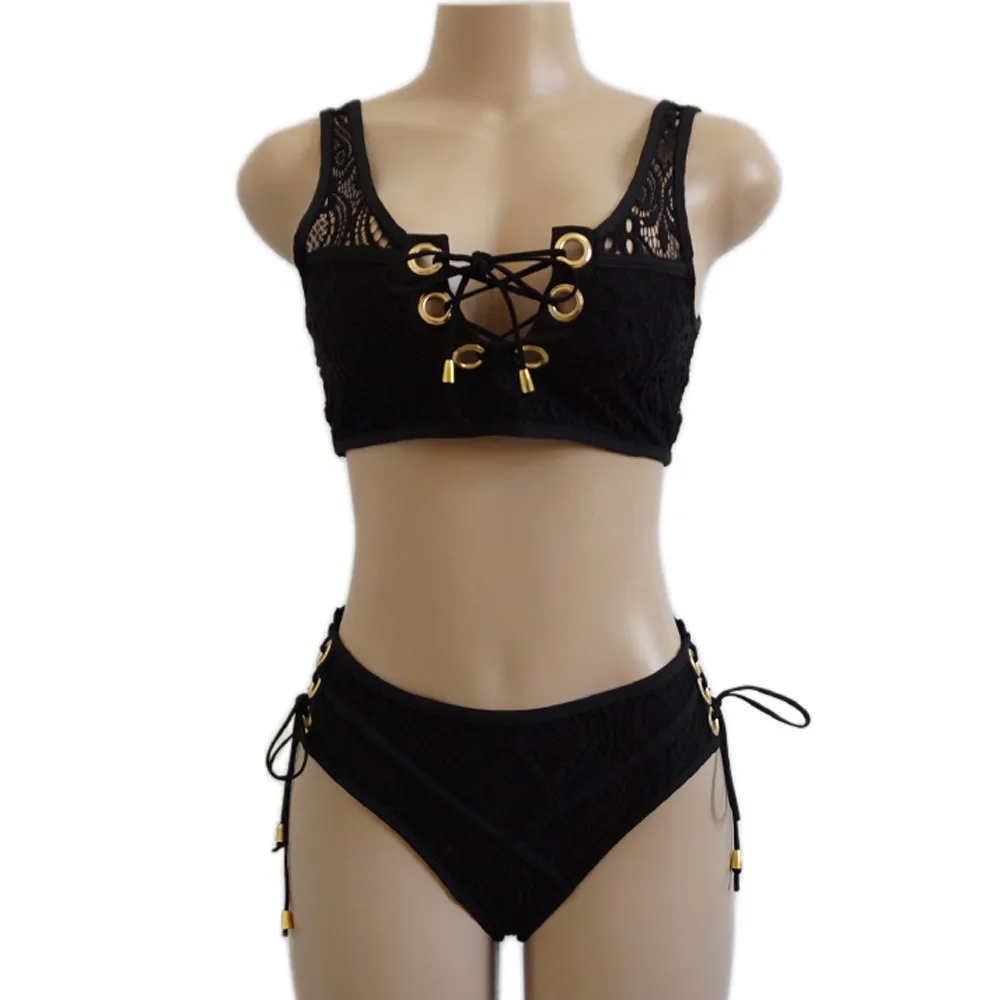 

Black White Lace Bandage High Waist Swimsuit Bikini Set Sexy Solid Bikinis Suit Women Push Up Swimwear Banting Suit Swim