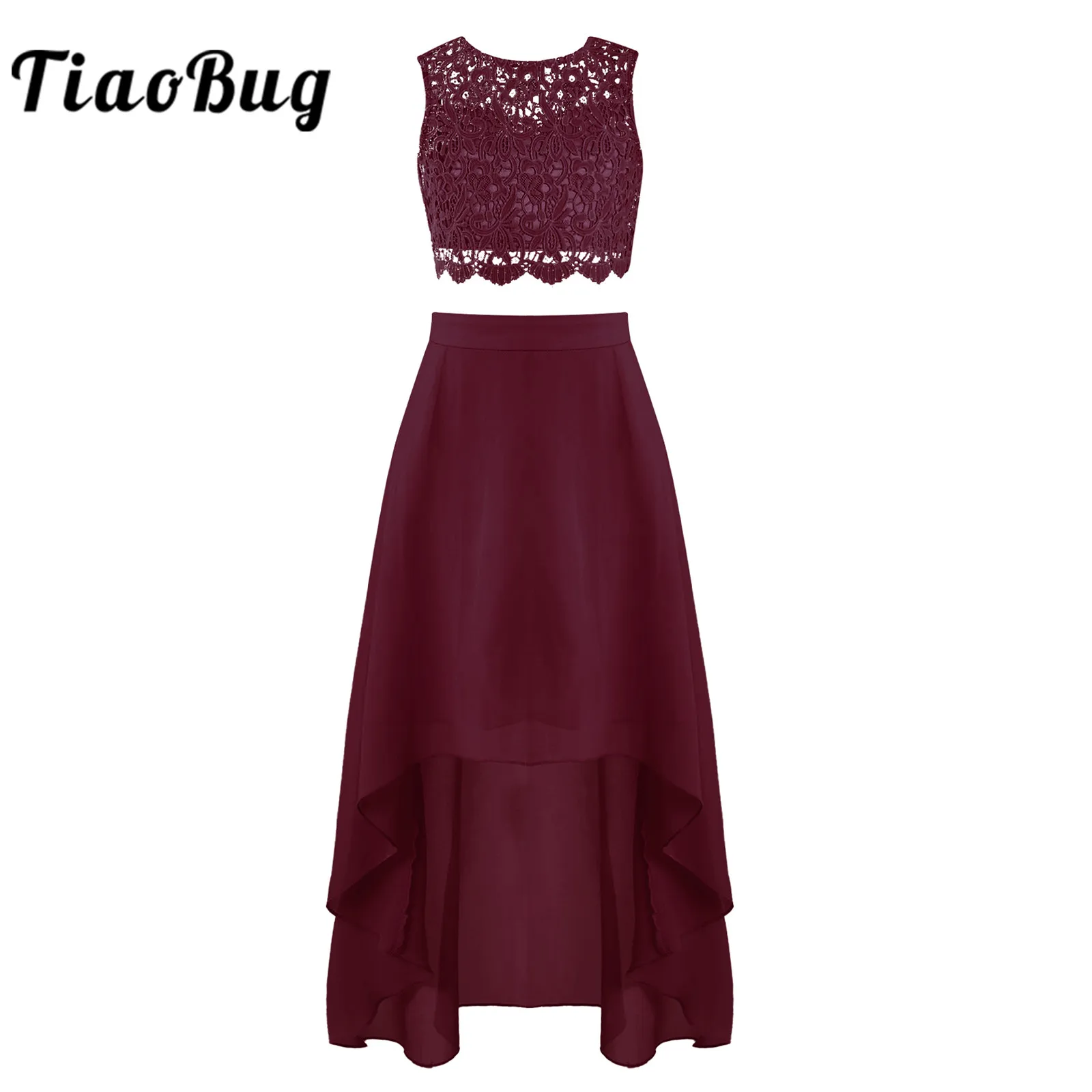 

2Pcs Flower Girl Dresses Kids Girls Hollow Floral Lace Tops Chiffon Skirt Sleeveless Party Suit Birthday Outfits Wedding Costume